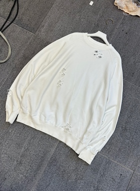 稀有白色 日单monkey time猴子时光 男士水洗破洞圆领卫衣