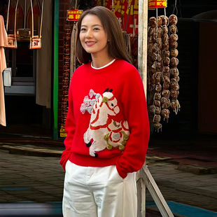 高圆圆同款立体手工小马装饰毛衣红色显瘦套头针织上衣EBF1SWT067