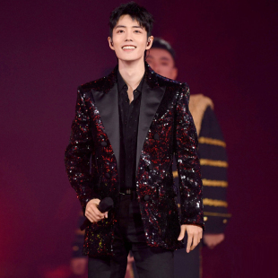 年会酒会歌手双排扣亮片演出艺考唱歌主持表演男团西服9077