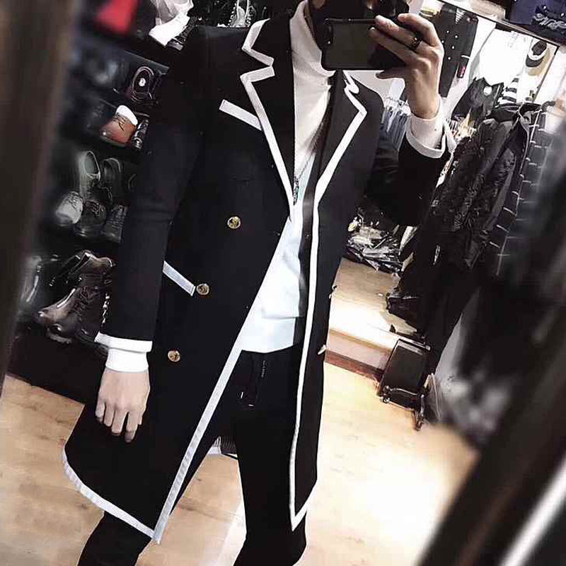 男士休闲中长款黑色拼接白条风衣快手夜店男神走秀发型师大衣7012