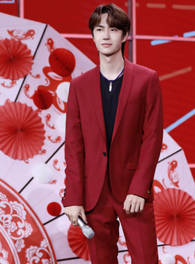 高级歌手练习生男团主持人演出年会舞台酒红大酒红色西服套装1027