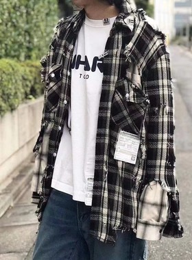 21SS MMY 三原MIHARA 日系休闲黑白格破坏做旧宽松双层衬衫外套
