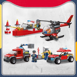 中国积木儿童消防车模型船快艇登高指挥车直升飞机玩具塑料男女孩