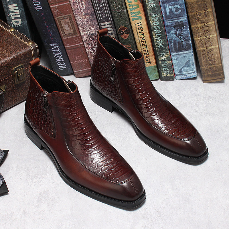 欧美复古双拉链马丁靴鳄鱼纹压花真皮百搭中帮皮靴子英伦休闲男靴