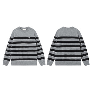 正确版冬季凯旋门小标刺绣休闲宽松针织衫男女同款圆领条纹毛衣潮