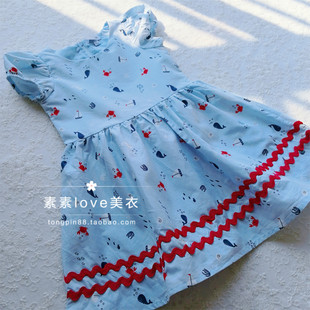 海底世界 三件包邮  女中小童4-10 水母鲸鱼刺绣花边泡泡袖连衣裙