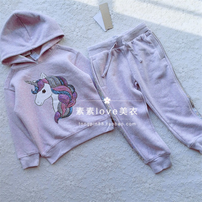 甜美三件包邮 出口澳 女中小童2-9岁 亮片独角兽薄绒连帽卫衣套装
