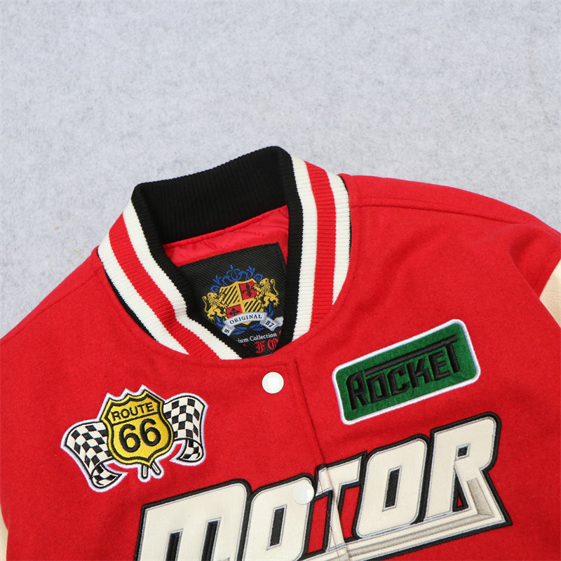 美式休闲复古赛车服机车夹克刺绣个性短款骑行PU长袖棒球领外套