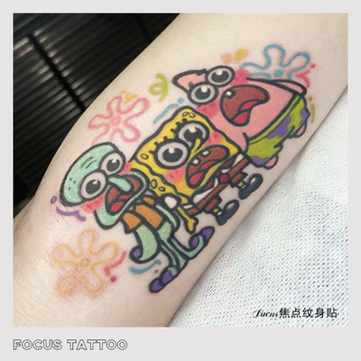 可爱卡通海绵宝宝纹身贴手臂拼接手腕锁骨彩色纹身贴女防水持久