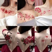 国风牡丹花彩色纹身贴女防水持久后肩背桃花部高颜值遮疤逼真贴纸