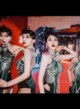 中秋节新年gogo演出服性感高开衩旗袍珍珠旗袍国潮风女舞台表演服