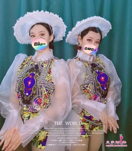 夜店百老汇舞台复古女歌手印花闪钻拖尾名媛夜上海gogo女团演出服