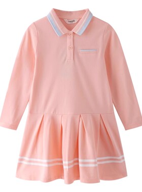 安奈儿女童纯棉长袖连衣裙春季新款纯色拼接款学生运动裙子