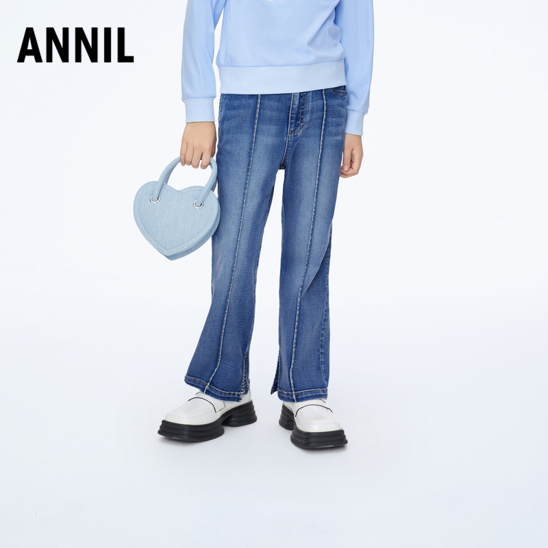 商场同款安奈儿女童装全腰牛仔单裤2024春新款休闲微喇叭长裤百搭