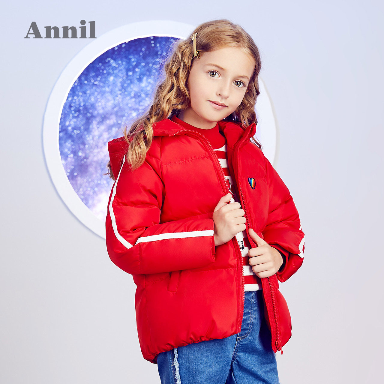 安奈儿女童羽绒服短款加厚冬季连帽保暖外套夹克校服上衣