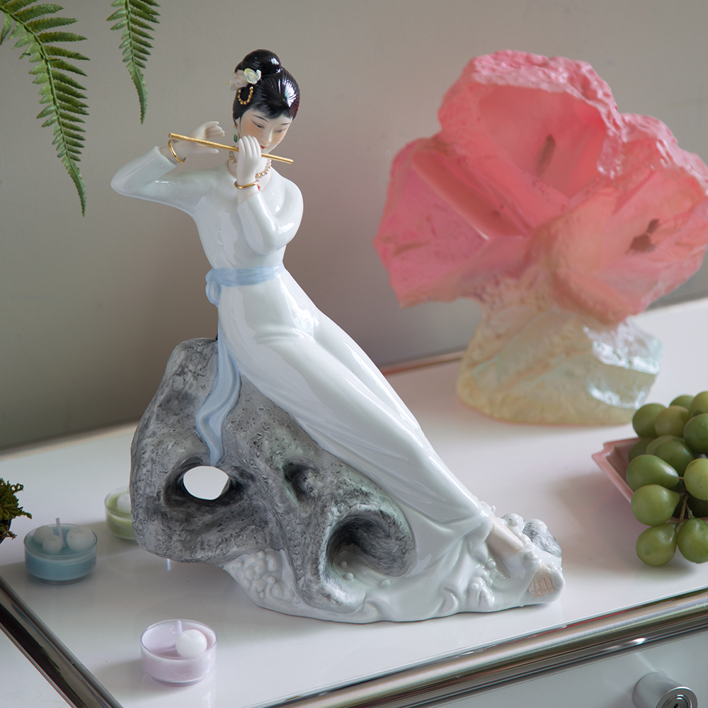 新中式陶瓷仕女假山吹笛雕塑家居艺术手工艺品高级感客厅玄关摆件