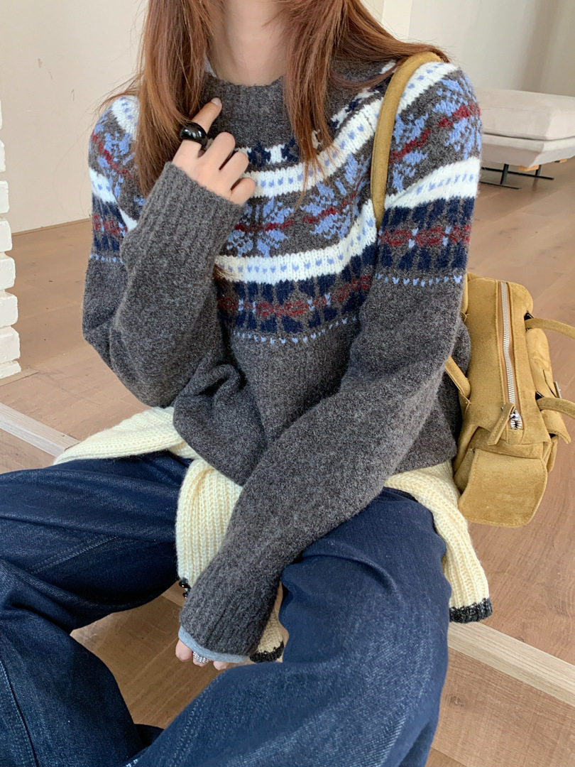 cicicream 复古名族风提花圆领秋冬厚款长袖毛衣小个子宽松上衣女