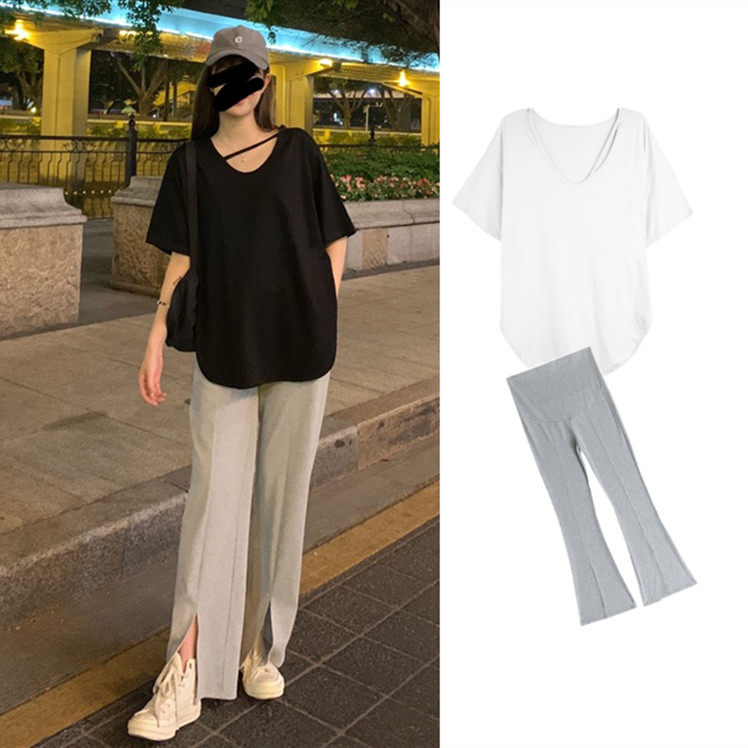MATERNITY SUMMER SUITS FASHIONABLE SLIT SHORT SLEEVE T-SHIRTS MID-LENGTH TOPS KOREAN VERSION OF THE BELLY TROUSERS TWO-PIECE TREND