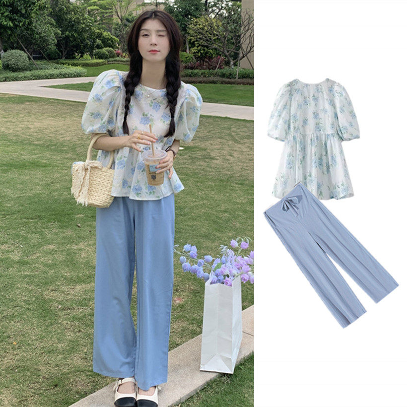 MATERNITY SUMMER SUIT PUFF SLEEVE HEAVY WORK FLORAL EMBROIDERY ROUND NECK TOP SHORT SLEEVE SHIRT MIDI LENGTH TWO-PIECE SET
