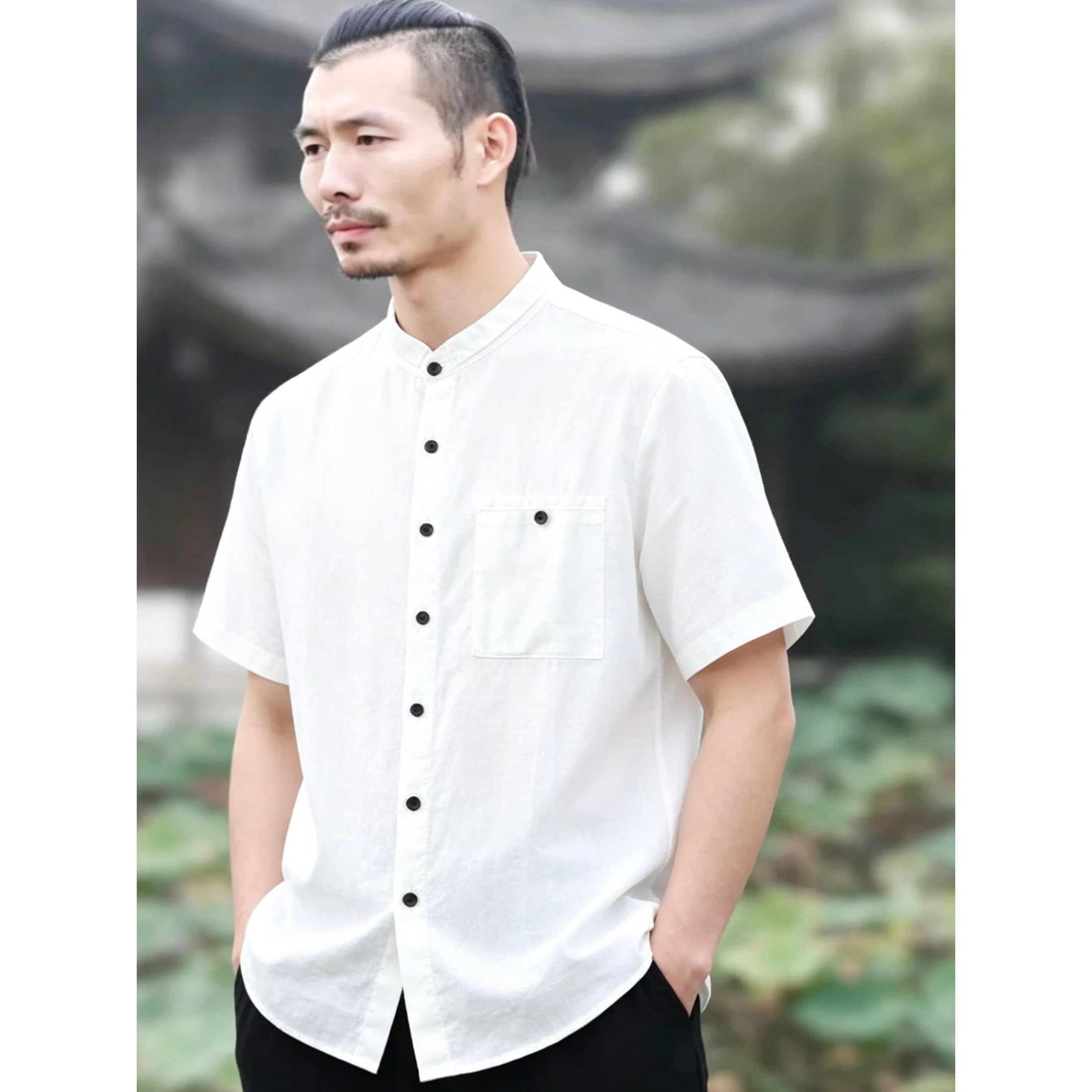 亚麻薄款口袋款衬衣复古纯色衬衫