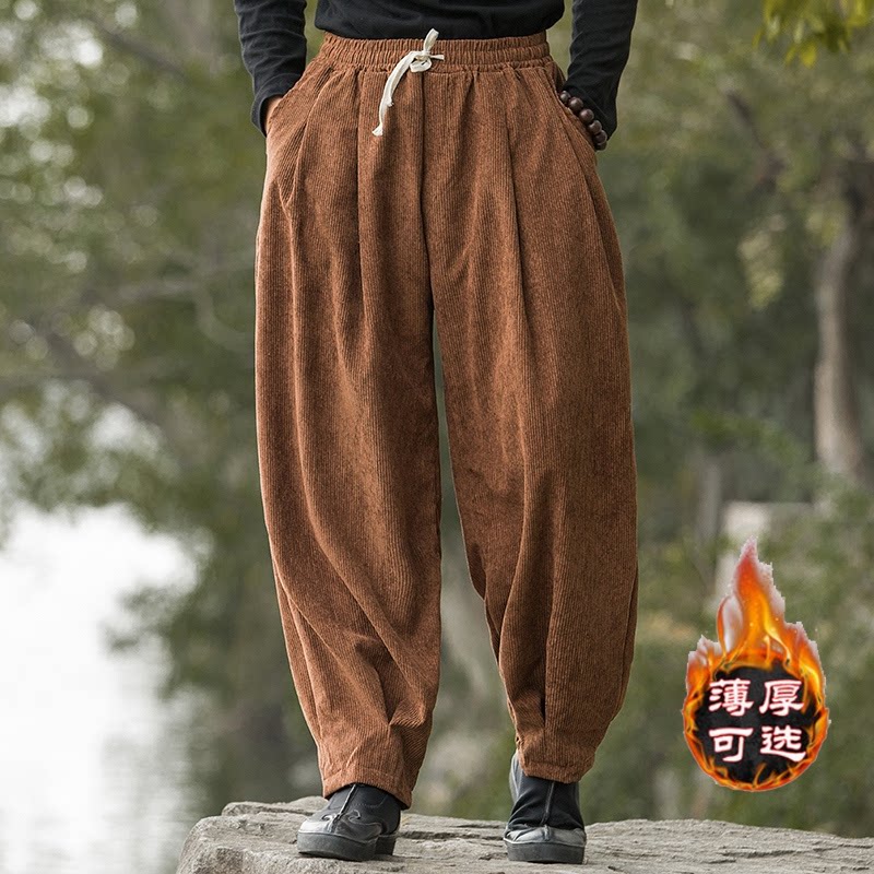 中国风灯芯绒男裤子秋冬宽松大码阔腿裤复古灯笼裤加绒加厚哈伦裤