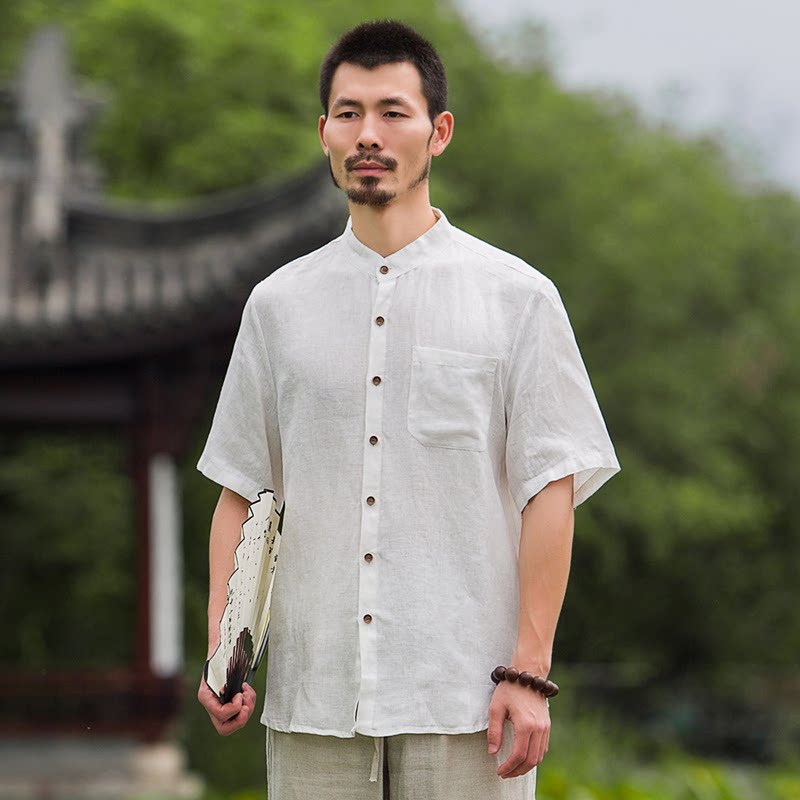 100%纯亚麻衬衫男士短袖薄款宽松衬衣中青年男装夏立领中山装