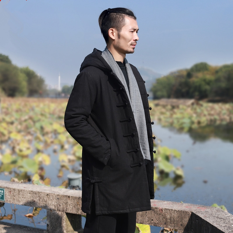 中国风男装中长款唐装棉袄加厚连帽盘扣棉衣外套佛系中式居士服冬
