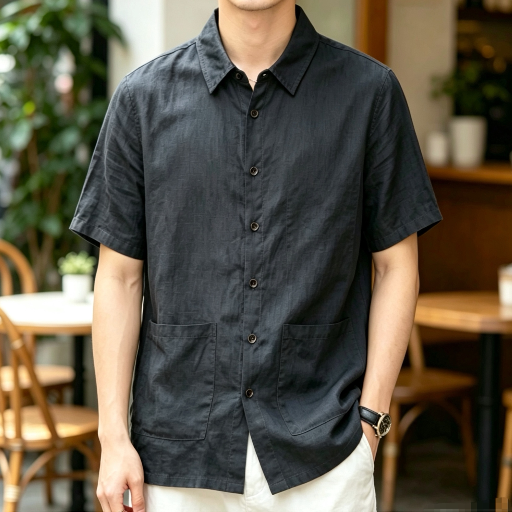 夏季男士纯亚麻中国风薄款透气翻领短袖麻料衬衫夹克衬衫老钱休闲图片