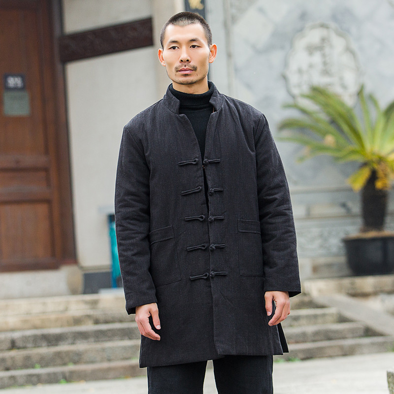 冬季中国风男装复古盘扣棉衣男士唐装棉袄中长款亚麻外套中式棉服