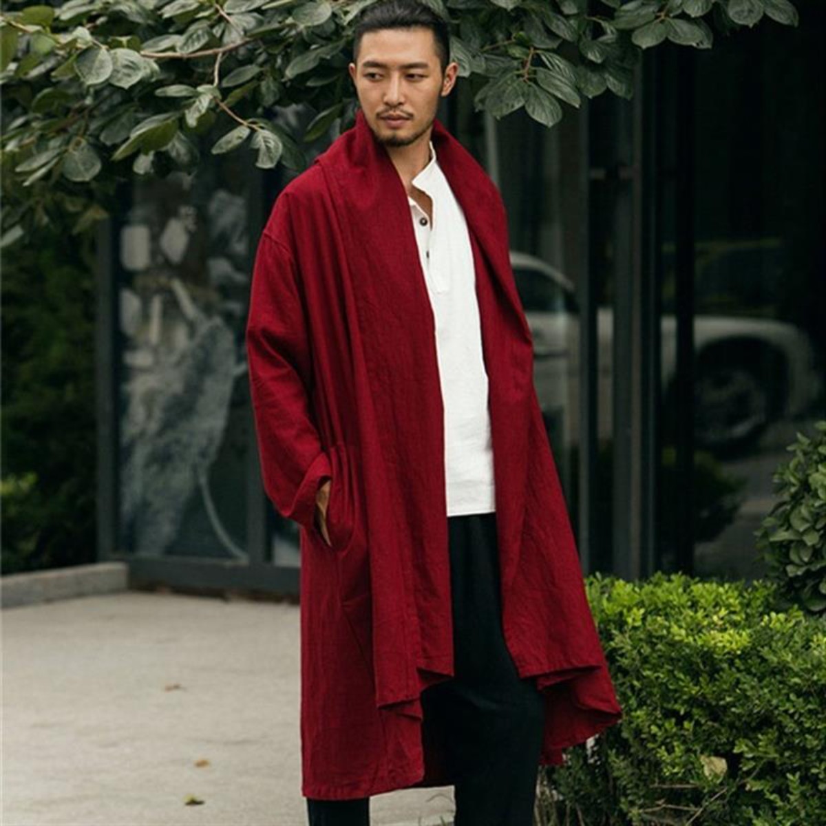 春秋中国风男装长款亚麻披风外套宽松棉麻唐装汉服禅意居士茶禅服