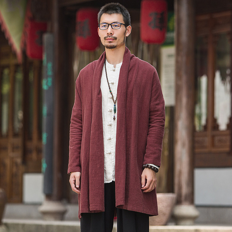 春秋中国风男装古风汉服古装中长款披风外套中式开衫亚麻唐装上衣