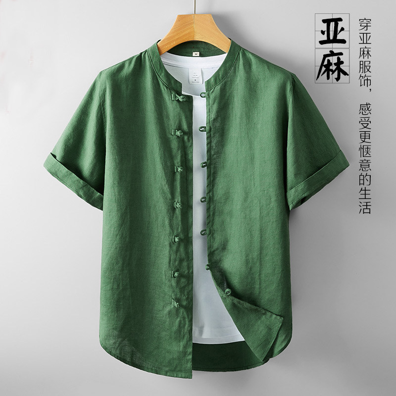 100%纯亚麻短袖衬衫夏季中国风唐装男士薄款衬衣青年中式男装上衣