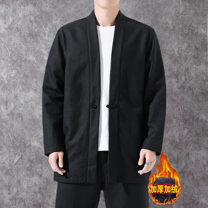 秋冬季中国风男装中式汉服上衣加绒加厚古风道袍外套亚麻唐装男款