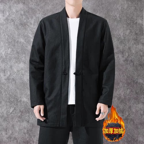 秋冬季中国风男装中式汉服上衣加绒加厚古风道袍外套亚麻唐装男款