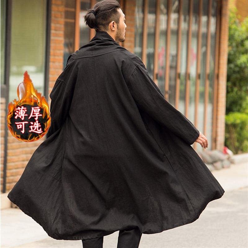 秋冬中国风男装长款亚麻披风外套宽松棉麻唐装汉服禅意居士茶禅服