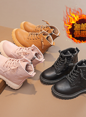 女童马丁靴秋冬新款黑色男童棉靴儿童单靴子英伦皮靴宝宝防滑短靴