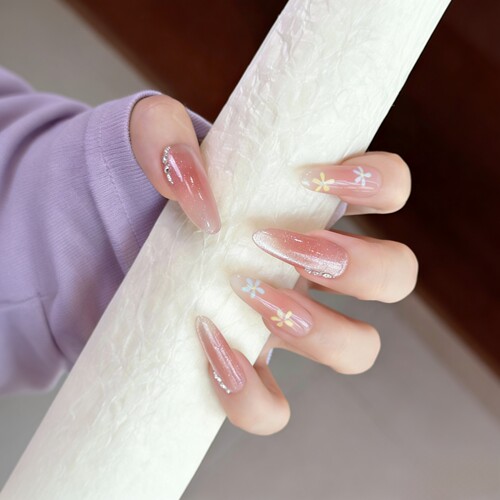 手作穿戴甲冰透裸色腮红小花纯手工美甲成品假指甲贴片 可拆卸