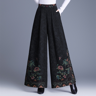 2025秋冬新中式国风阔腿裤重工绣花高腰宽松提花刺绣长裤子女