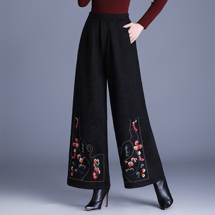秋冬民族风宽松绣花高腰阔腿裤女新中式加绒加厚提花棉保暖大脚裤