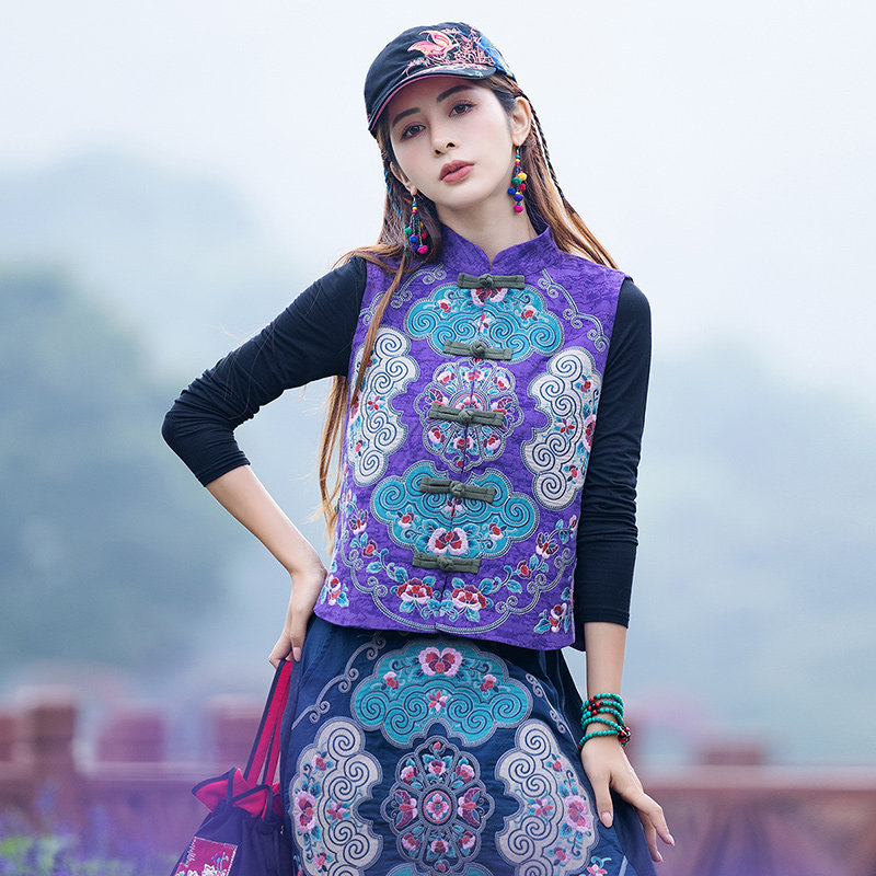 秋冬民族风重工刺绣花复古如意马甲上衣女小立领盘扣背心马夹外套