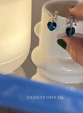 JolieJuly韩国代购 925银针秀气小款耳饰蓝色爱心金属蝴蝶结耳钉