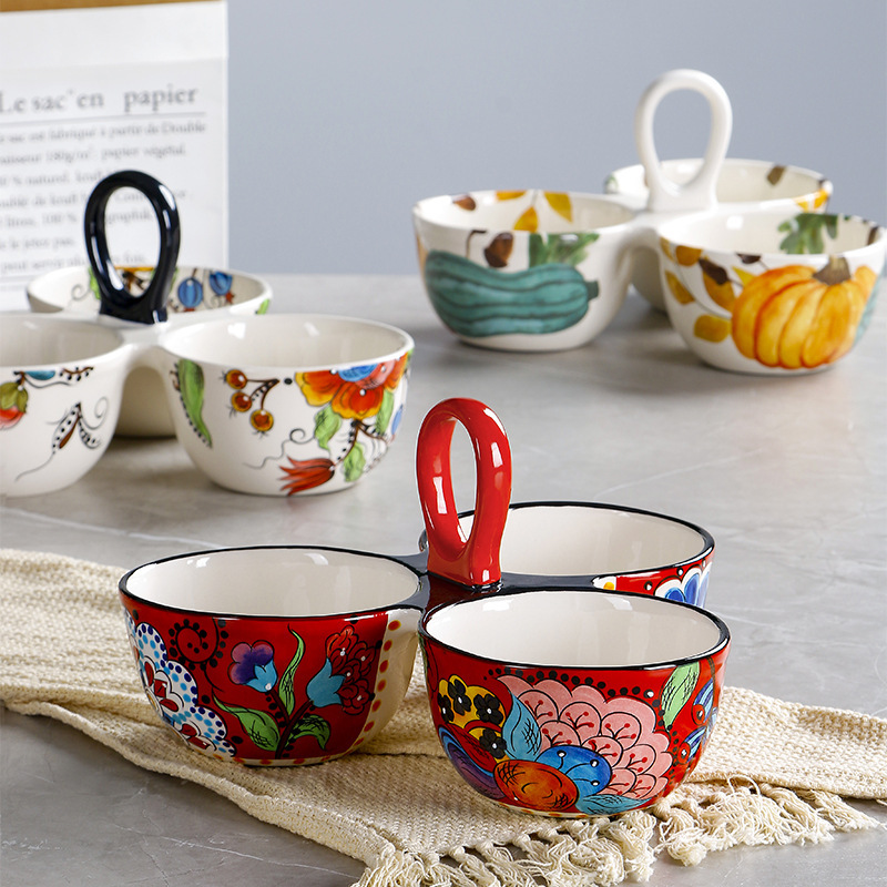 家用分餐碗 创意手绘陶瓷水果碗高颜值带手柄碗坚果分格零食碗