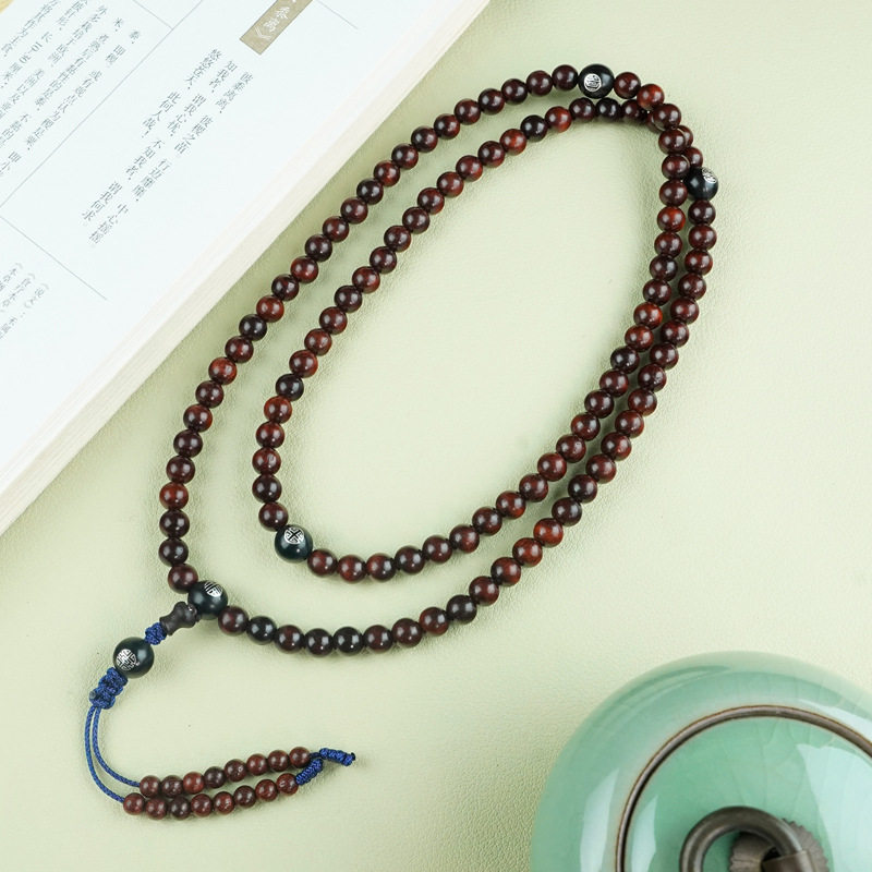 小叶紫檀双圈木镶银项链老山檀香手串108颗佛珠手链九眼藏式手串