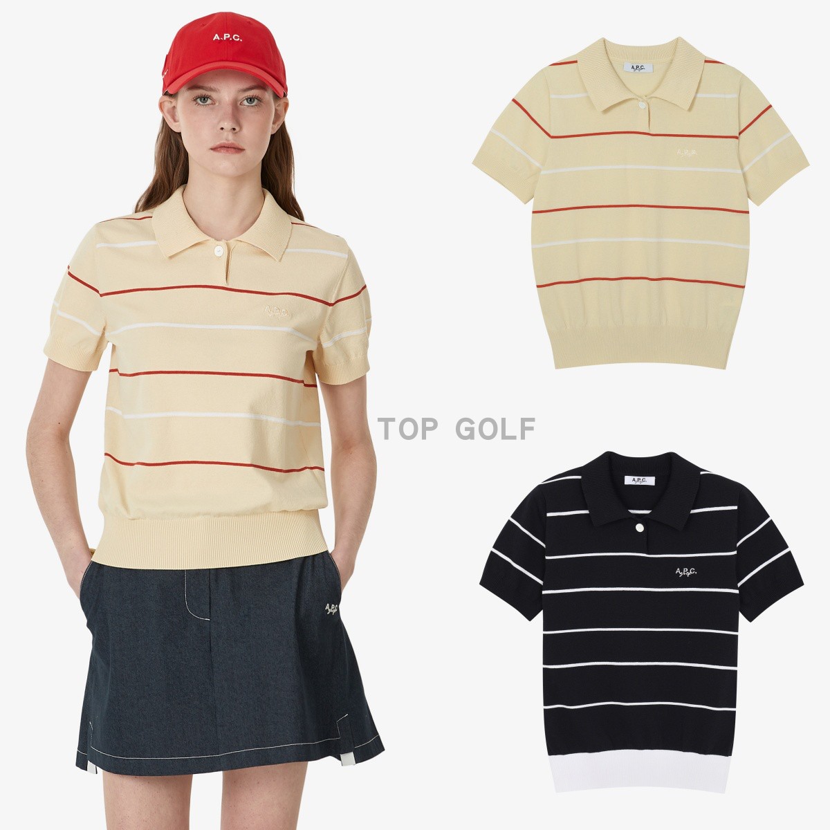 韩国代购APC GOLF高尔夫女装 25夏女翻领条纹透气百搭针织短袖T恤