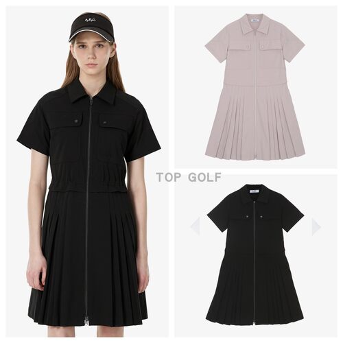 韩国代购APC GOLF高尔夫裙子  26夏女翻领抽绳褶皱拉链短袖连衣裙