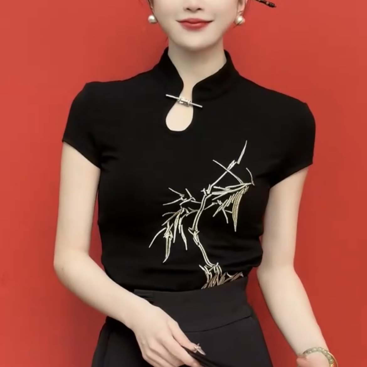 新中式国风盘扣立领短袖t恤女夏季新款修身显瘦气质百搭打底上衣