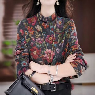 t恤 妈妈印花上衣加厚保暖长袖 半高领加绒打底小衫 女内搭秋冬新款