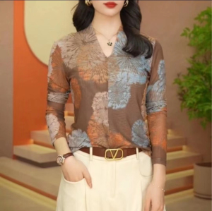 印花网纱上衣女长袖t恤v领内搭秋季新款高级感打底小衫洋气显瘦春