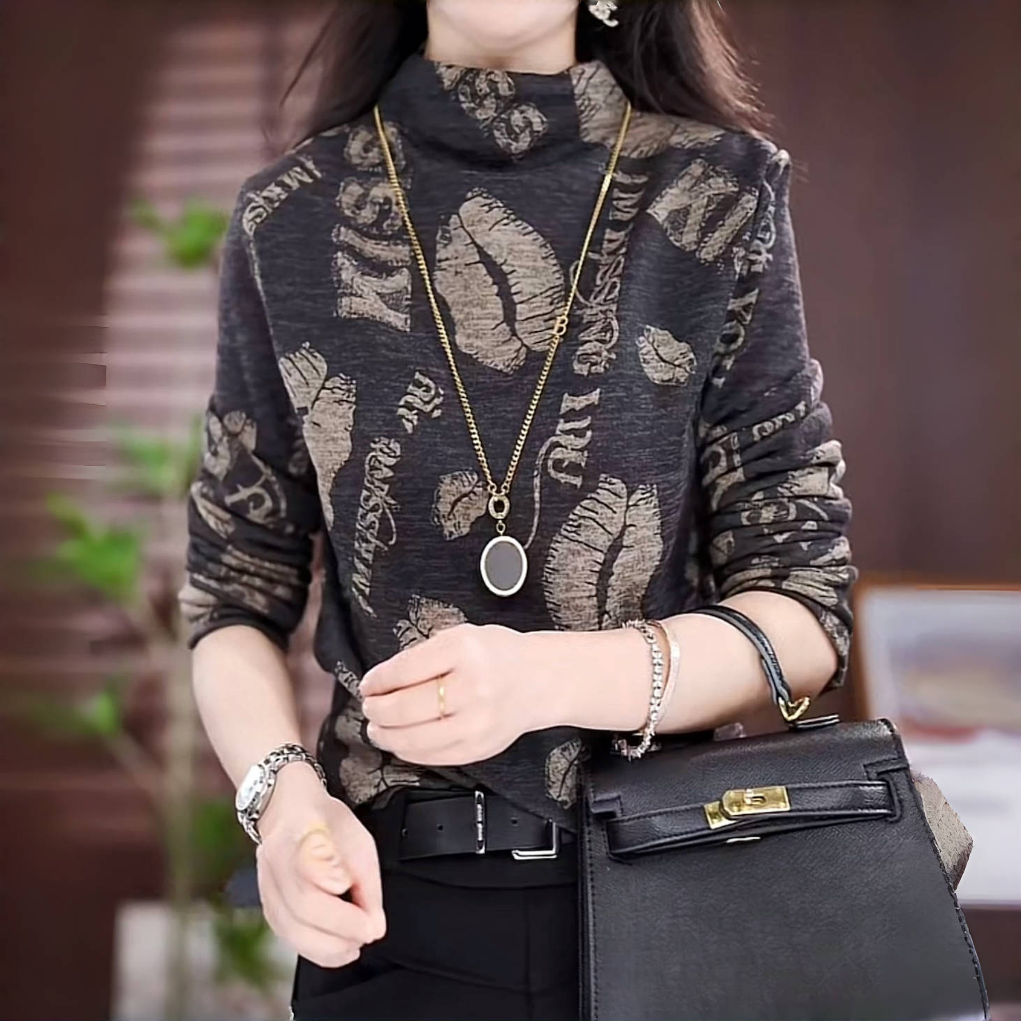 德绒打底衫女士妈妈款秋冬装内搭洋气高端印花小衫半高领长袖上衣