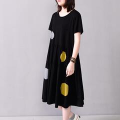 Large women's summer dress with cotton, art dot printing, loose Casual Short Sleeve Dress, medium length